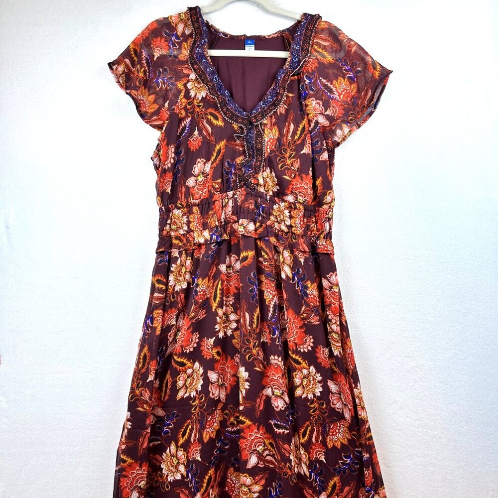 Old Navy Dark Floral Maxi Ruffle Dress Womens Large Tall Boho Cottage Prairie